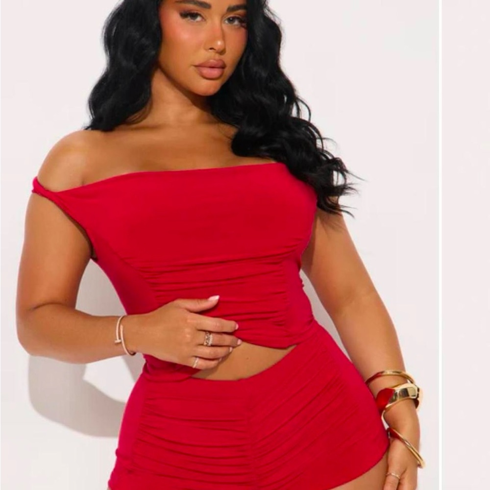 Red Off-Shoulder Ruched 2 Piece Set